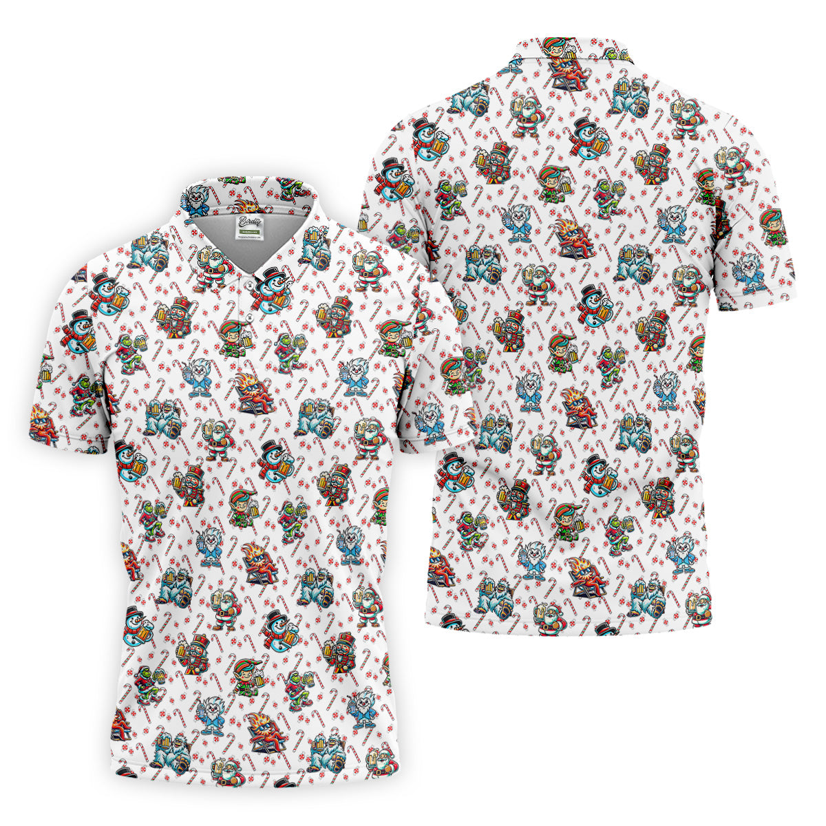 Christmas Character Beer Candy Cane Pattern Golf Tops For Men, Christmas Golf Shirt, Polo ShirtFor Men
