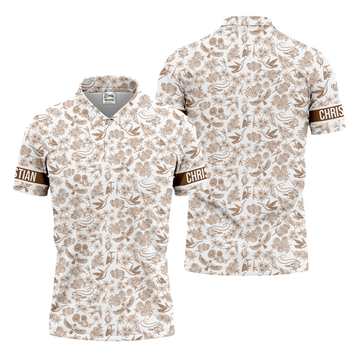 Custom Name Toile de Jouy Birds And Flowers Brown Golf Shirt, Polo ShirtFor Men, Golf Gift For Men