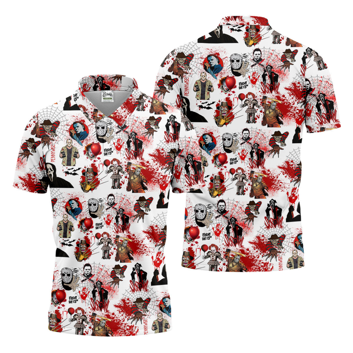 Horror Villain Blood Splatter Print Golf Tops For Men, Halloween Golf Shirt, Polo ShirtFor Men, Golfing Apparel