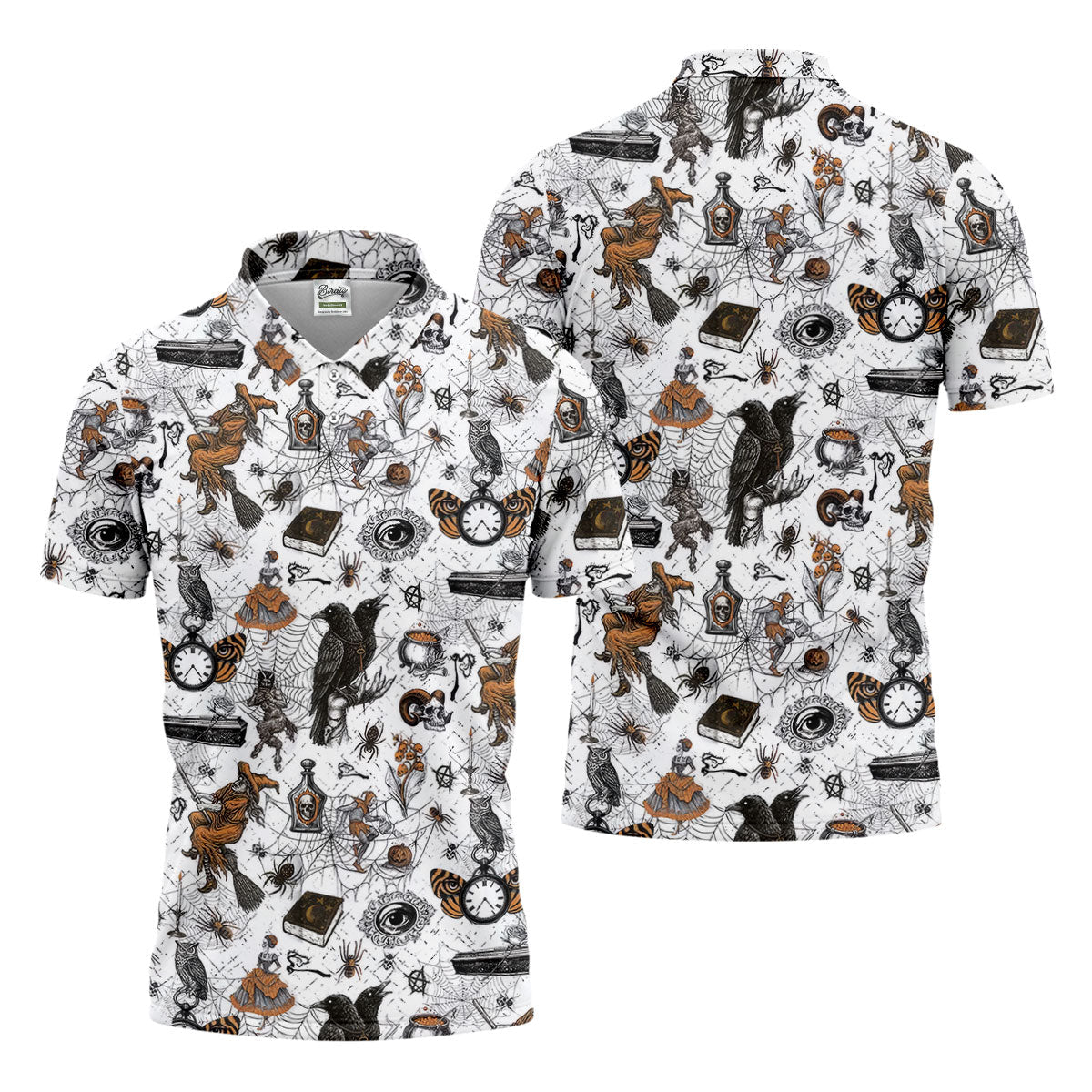 Spider Witch Skull Black Crow Men's Golf Shirt, Halloween Golf Shirt, Halloween Shirt For Men