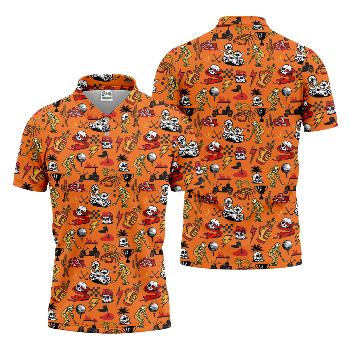 Horror Pattern Orange Halloween Golf Tops For Men, Fun Golf Shirts For Men, Halloween Gift Idea