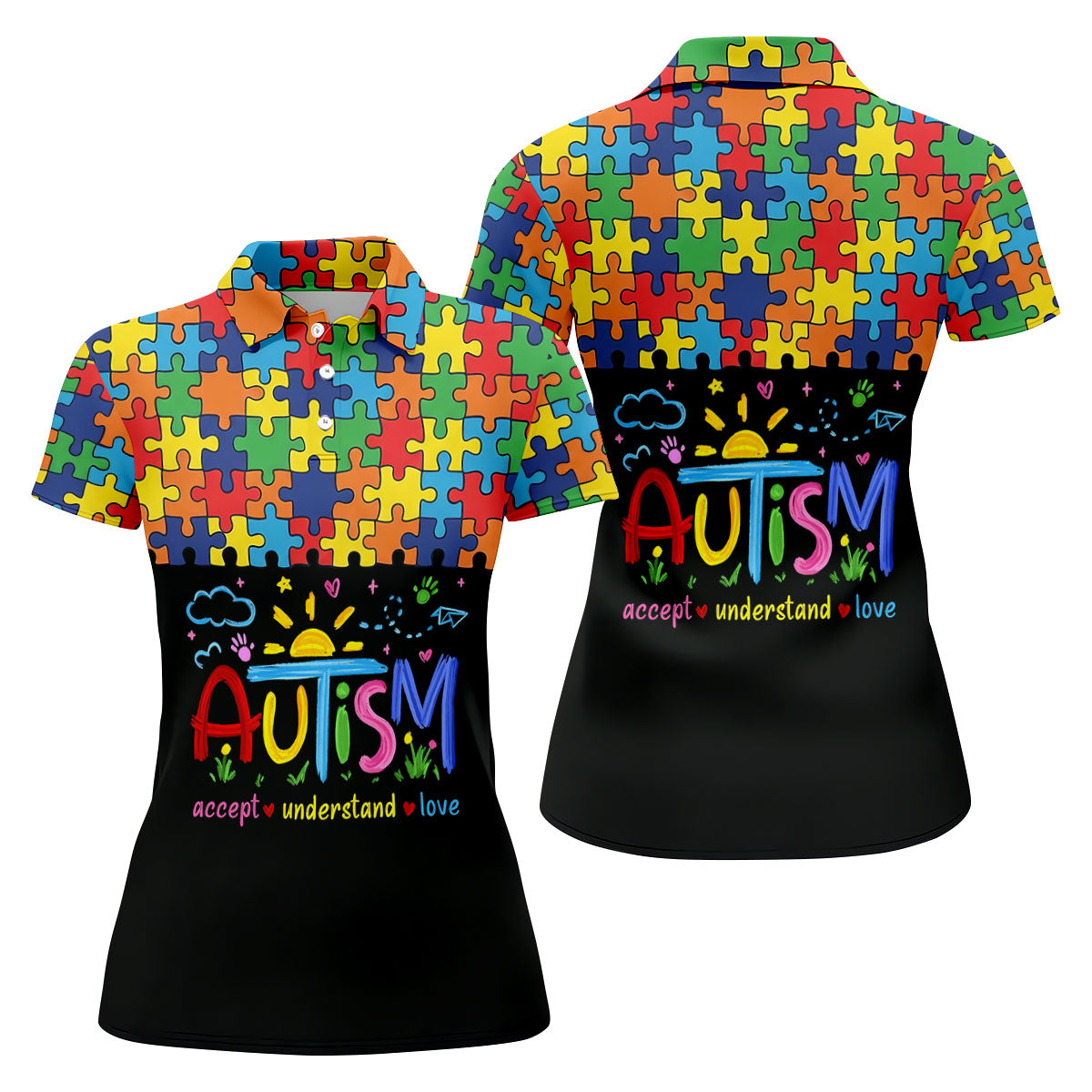 Awareness Accept Understand Love Colorful Puzzle Golf Shirt, Ladies Golf Shirts, Ladies Golf Polos