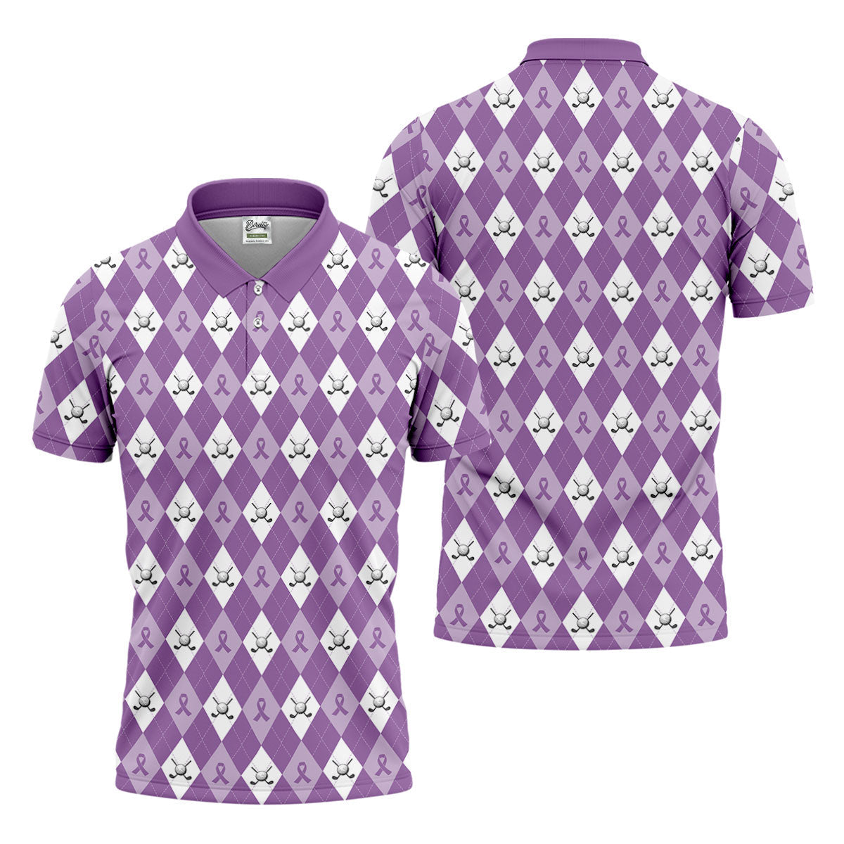 Pancreatic Cancer Purple And White Argyle Pattern Golf Tops For Men, Cancer Awareness Shirt