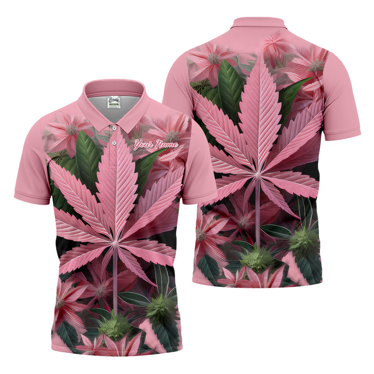 Pink Marijuana Leaf Men's Golf Shirt, Funny Weed Golf Shirt, Custom Mens Golf Shirt