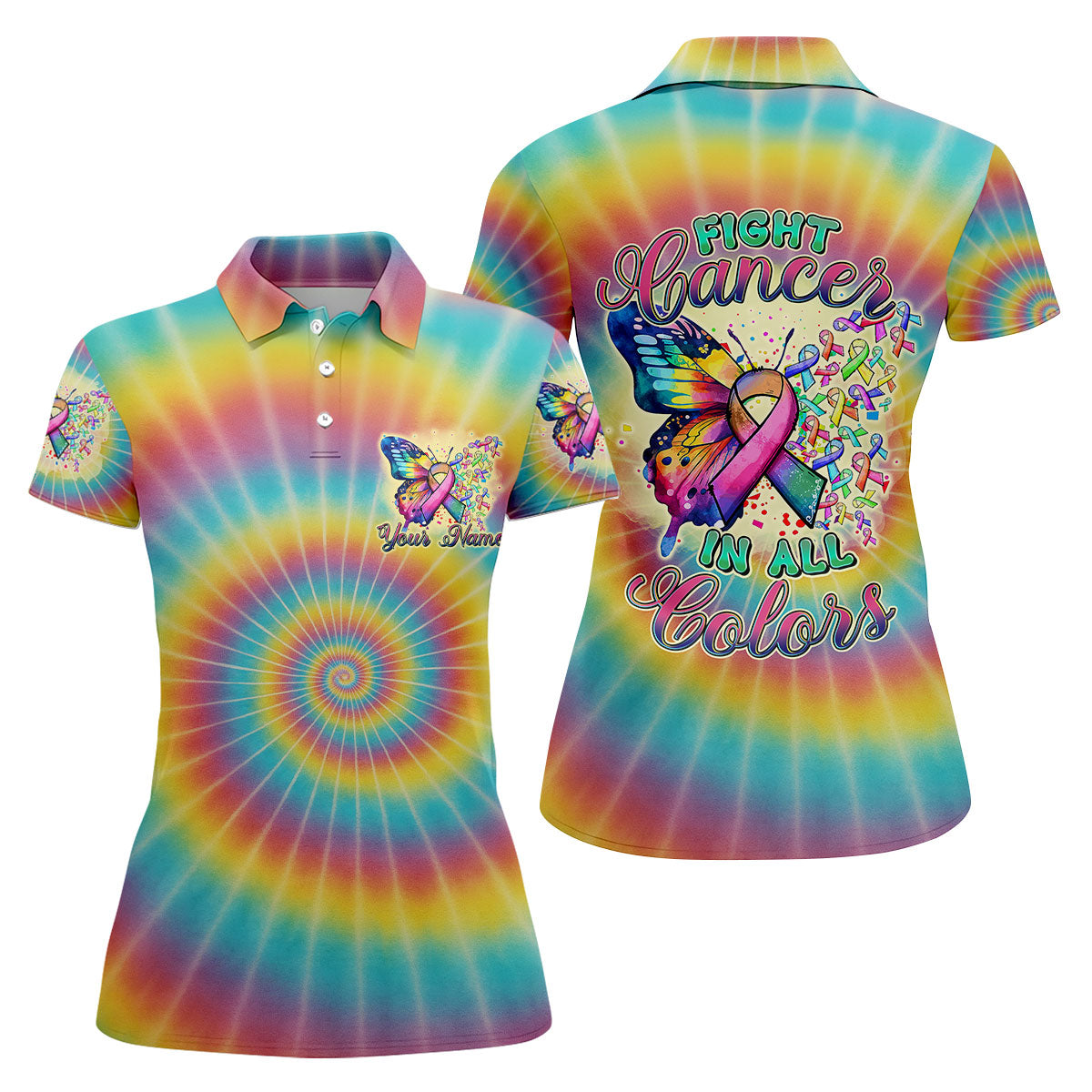 Fight Cancer In All Colors Tie Dye Print Women's Golf Shirts, Cancer Awareness Shirt, Ladies Golf Polos
