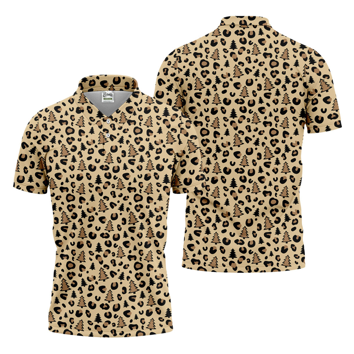 Xmas Pine Tree Leopard Pattern Brown Golf Shirt, Christmas Golf Shirt, Cute Golf Outfit, Polo ShirtFor Men