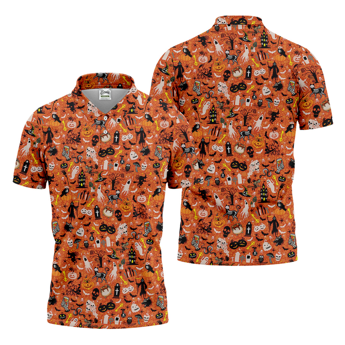 Halloween Skull Witch Cat Orange Golf Shirt, Funny Halloween Polo ShirtFor Men, Golf Gift For Men