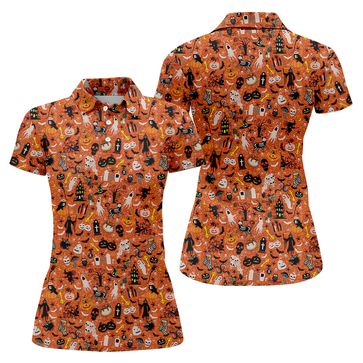 Halloween Skull Witch Cat Orange Golf Shirt, Funny Halloween Women's Golf Tops, Ladies Golf Shirts