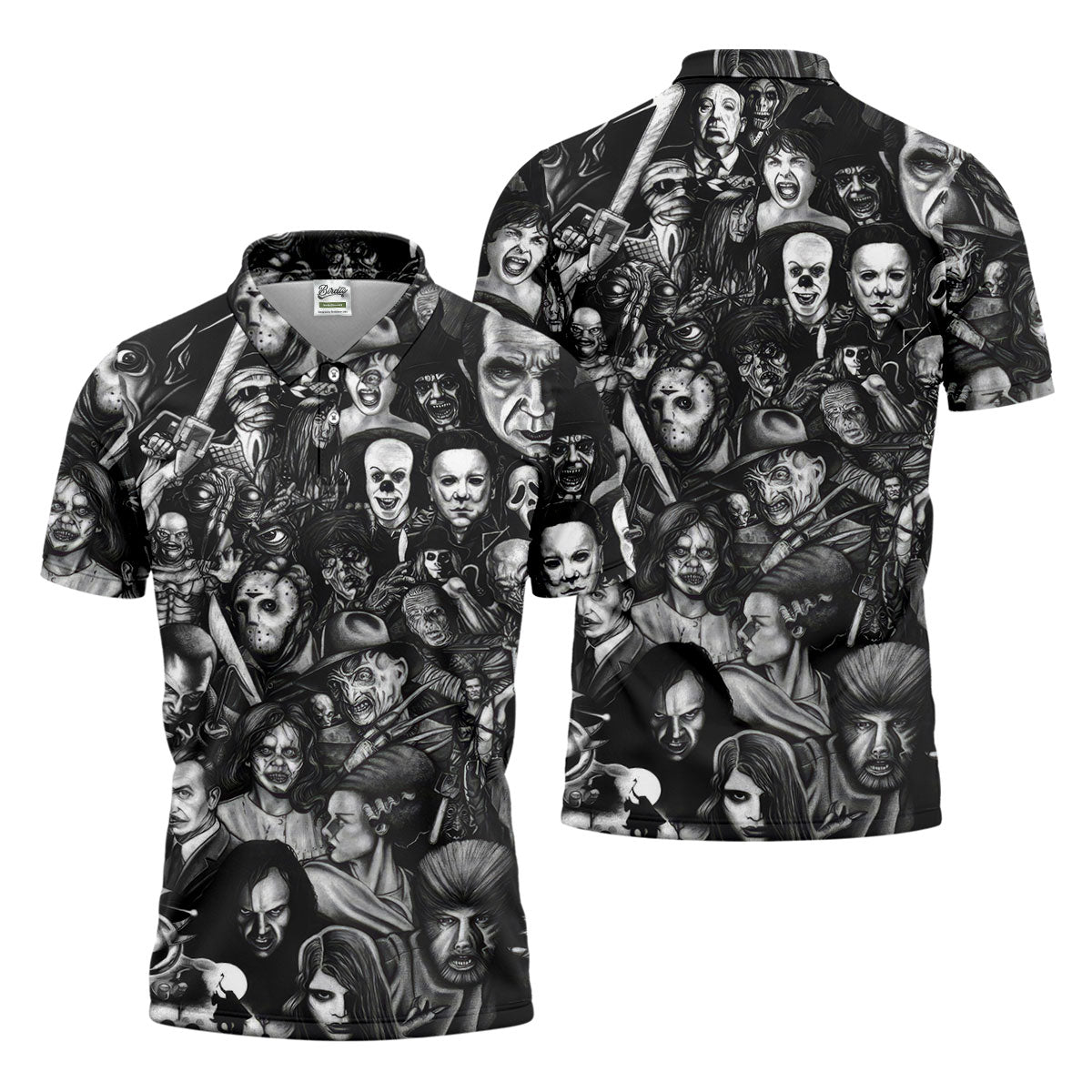 Classic Horror Characters Black And White Golf Polo, Dark Vibe Polo ShirtFor Men, Halloween Golf Shirt