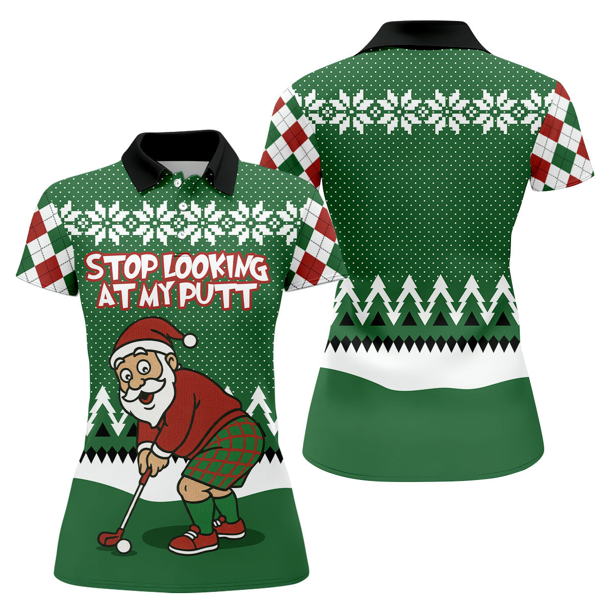 Stop Looking At My Putt Funny Santa Claus Argyle Golf Shirt, Christmas Golf Shirt, Women's Golf Tops