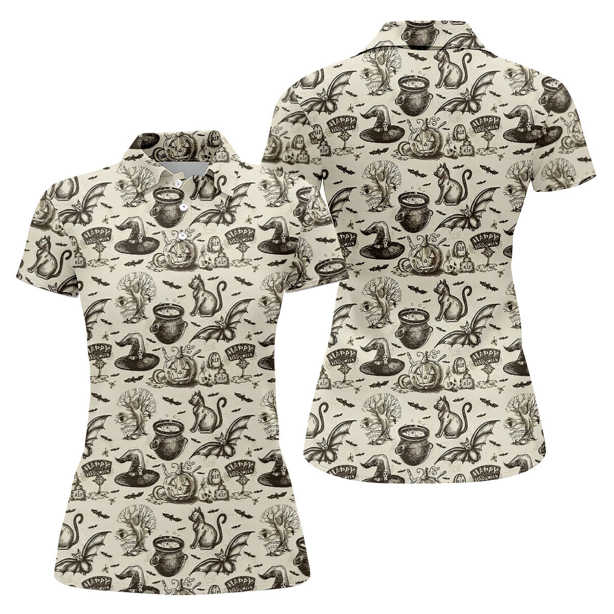 Halloween Witch Cat Pattern Fun Women's Golf Shirts, Ladies Golf Tops, Golf Shirt For Women