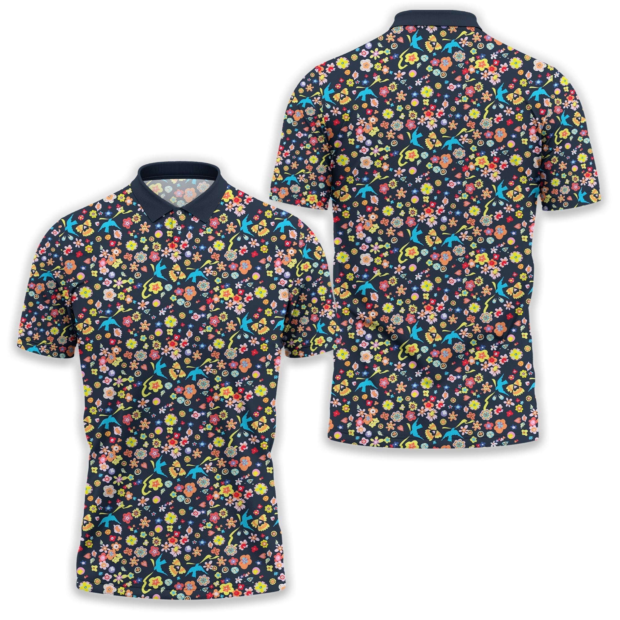 Floral Swallows Men's Golf Polo ShirtGolfing Apparel, Gift For Golfers