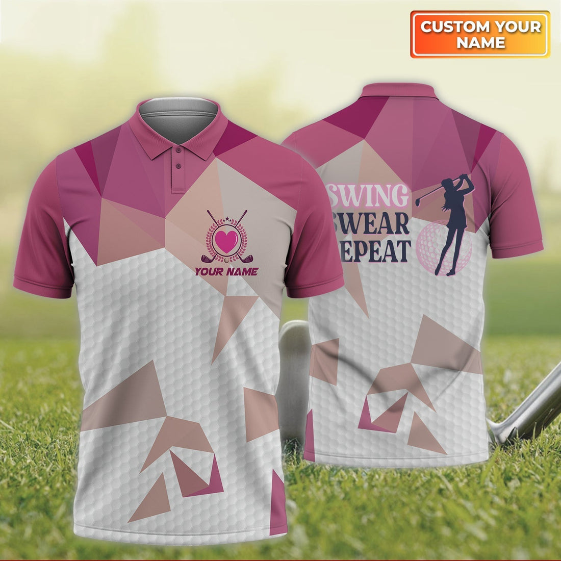 Swing Swear Repeat - Personalized Name 3D Polo Shirtr Golfers