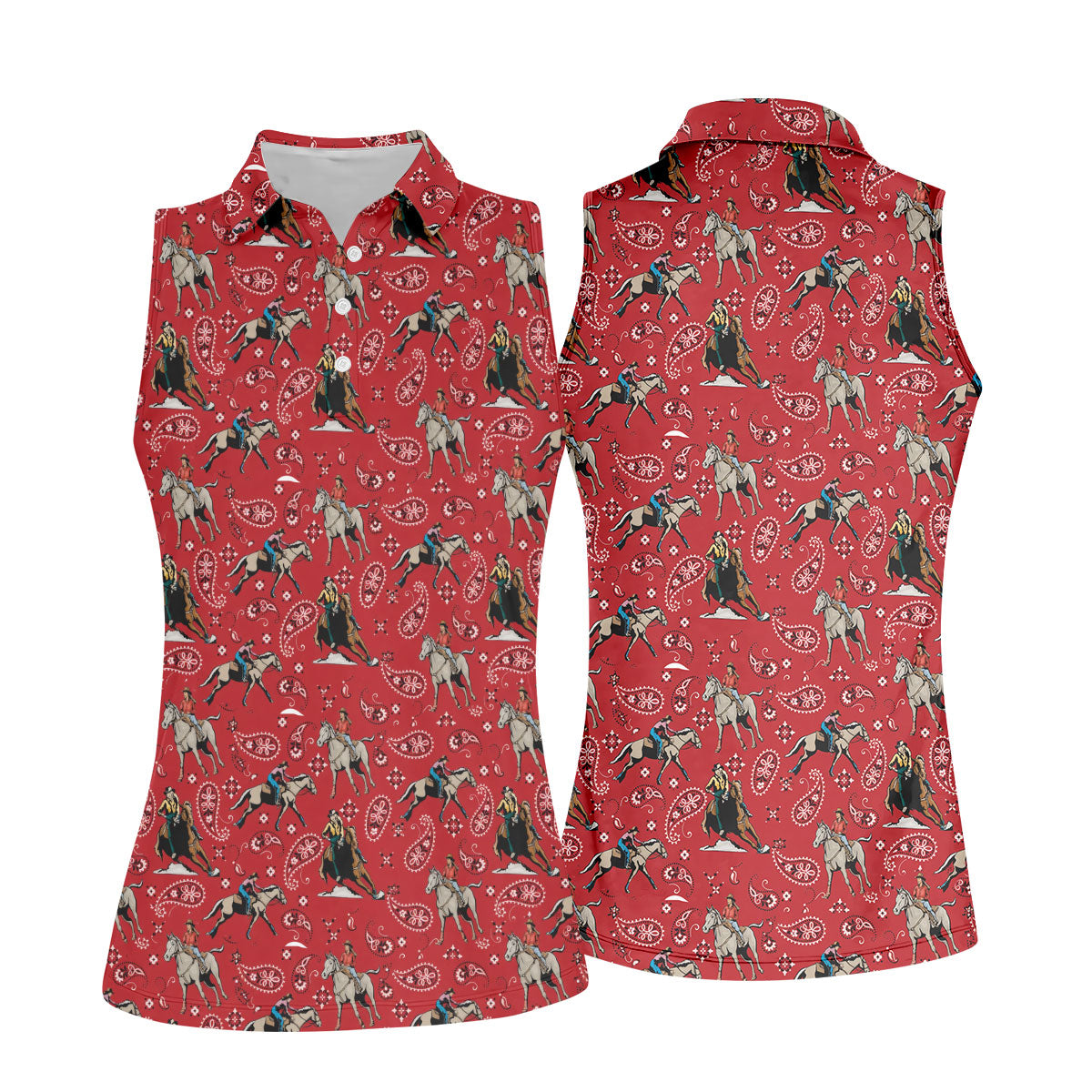 Red Cowboy Horse Paisley Pattern Golf Shirt, Ladies Golf Shirts, Women’s Golf Apparel
