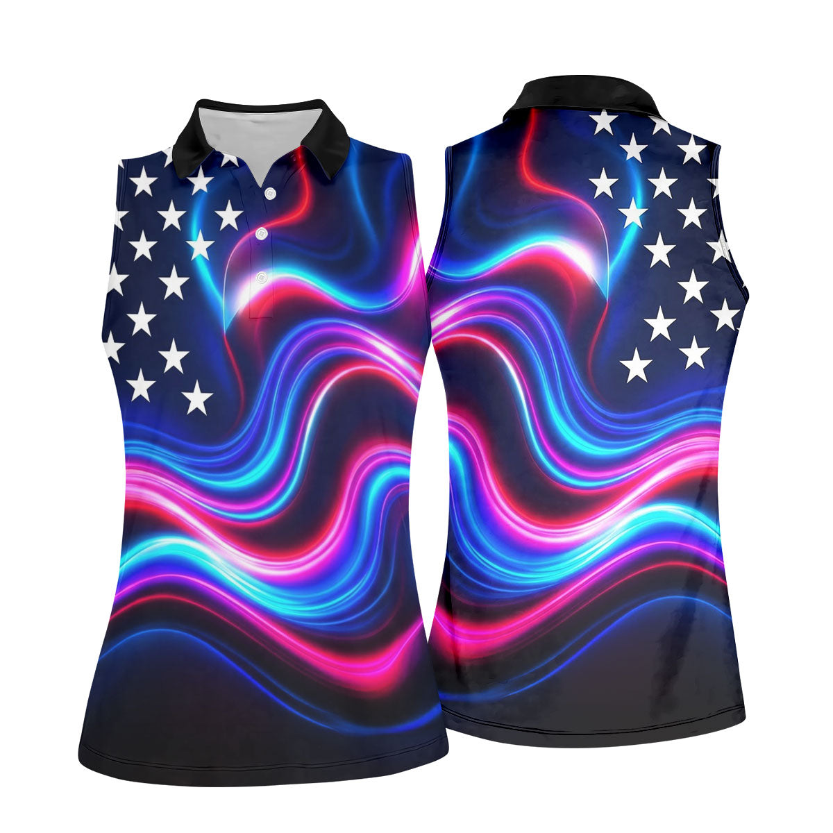 Star Pattern Neon Color Wavy Stripes 250th Anniversary, Patriotic 4th Of July Golf Shirt For Women