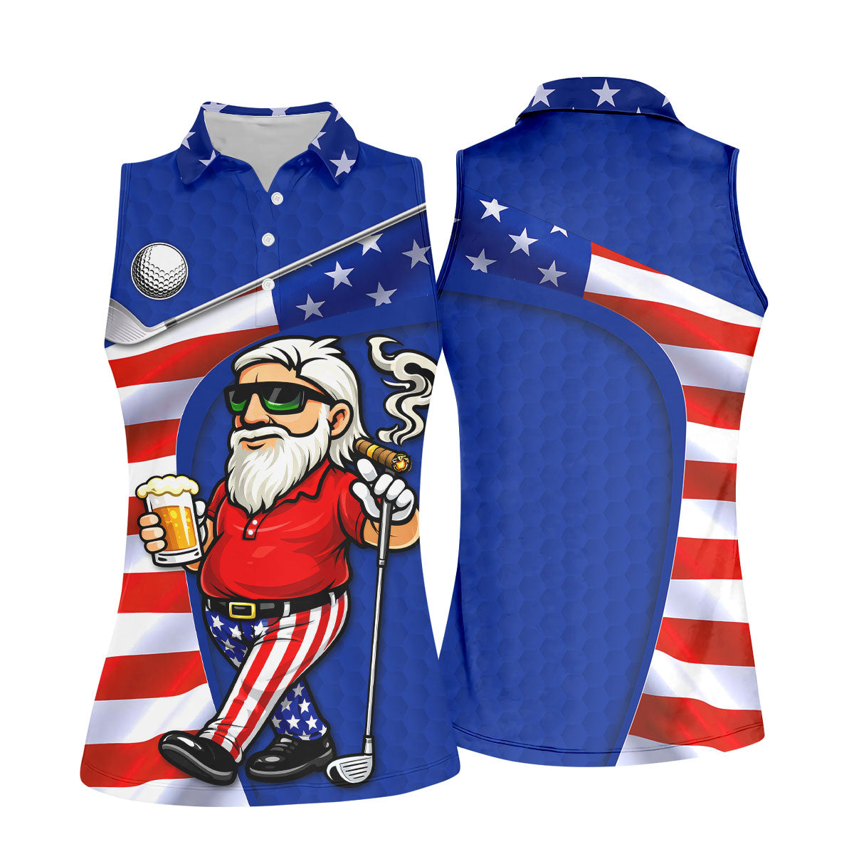 Golf And Beer Patriotic Man Golf Ball Pattern 4th Of July Navy Golf Shirt, 250th Anniversary Women's Golf Tops
