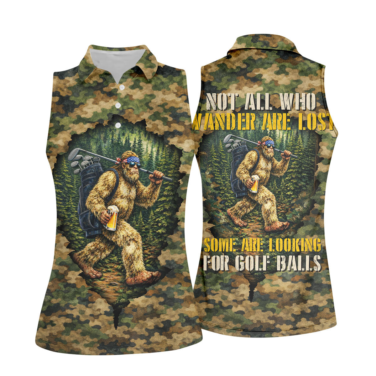 Camo Bigfoot Golfer Drinking Beer Polo Shirt, Golf Shirts For Women, Women’s Golf Apparel