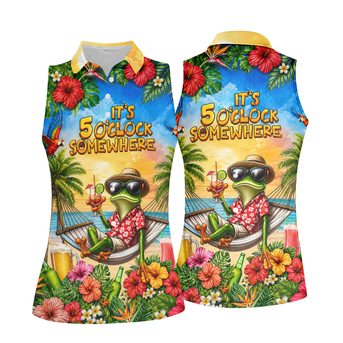 Frog Hammock 5 Oclock Somewhere Tropical Golf Shirt, Ladies Golf Shirts, Women’s Golf Apparel