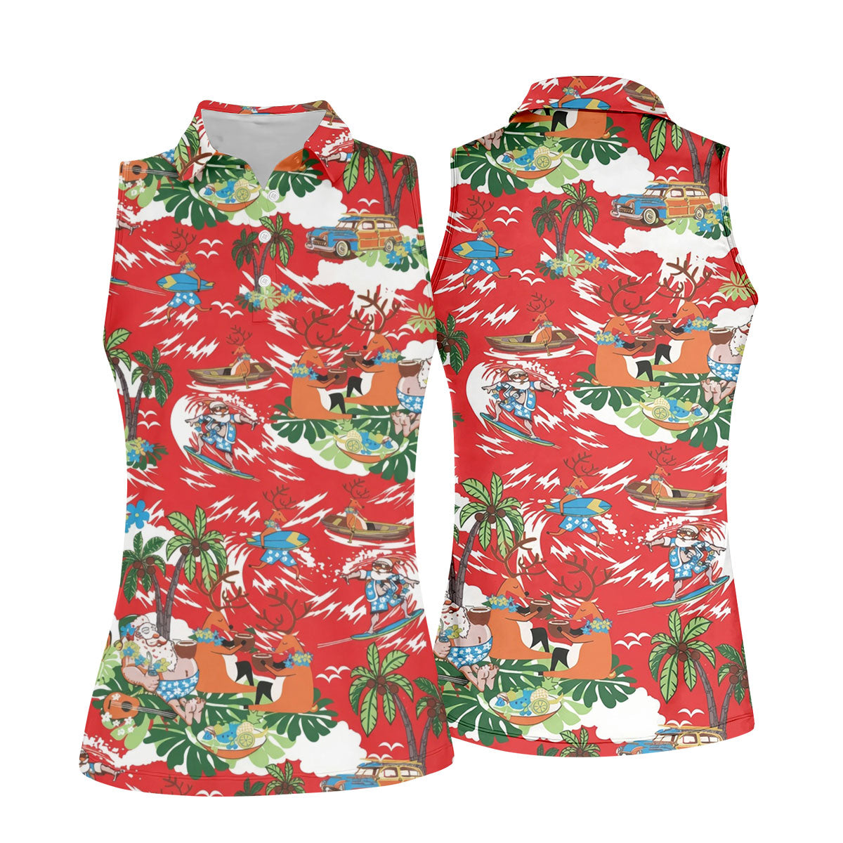 Women's Funny Tropical Santa Surfing Golf Shirt, Christmas Golf Shirt, Women’s Golf Polo