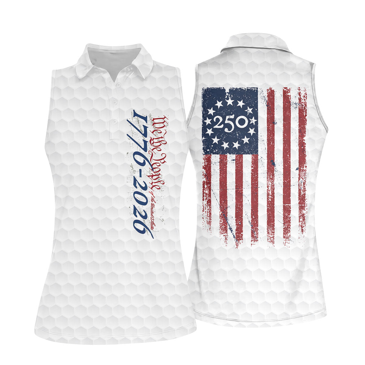 We The People Distressed American Flag White Golf Shirt, 250 Years Patriotic 4th Of July Golf Shirt For Women