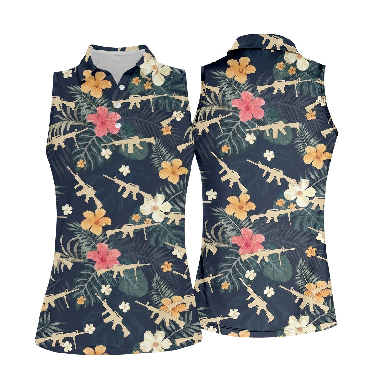 Colorful Hibiscus Tree With Army Theme Women Golf Top, Ladies Golf Shirts, Golfing Apparel