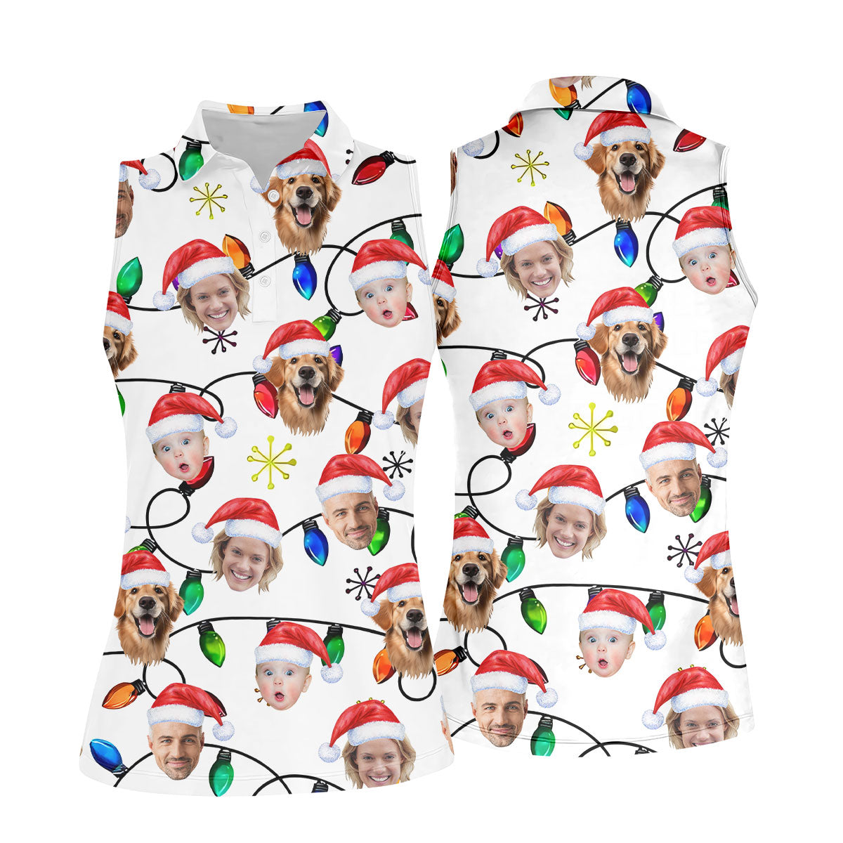 Custom Family Portrait Christmas Lights Pattern Women Golf Top, Christmas Golf Shirt, Ladies Golf Tops