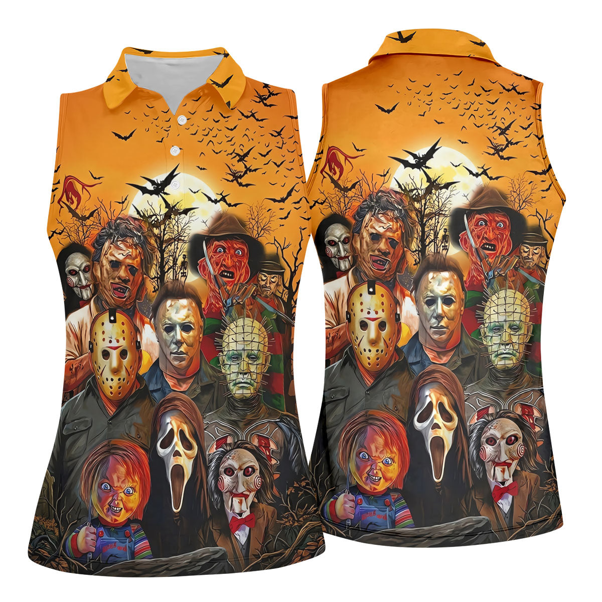 Halloween Horror Character Sunset Hawaiian Golf Shirt, Women's Golf Tops, Printed Golf Shirt