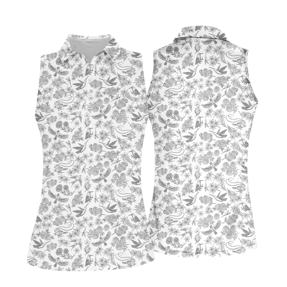 Custom Name Toile de Jouy Birds And Flowers Grey And White Women Golf Top, Ladies Golf Polos