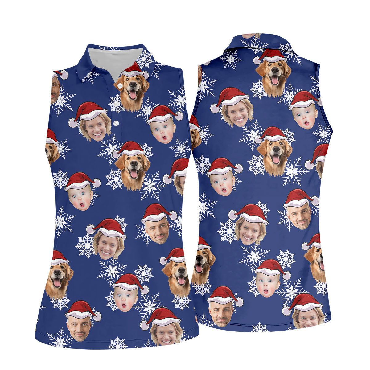 Custom Face Navy Christmas Women's Golf Tops, Ladies Golf Shirts, Christmas Golf Gift