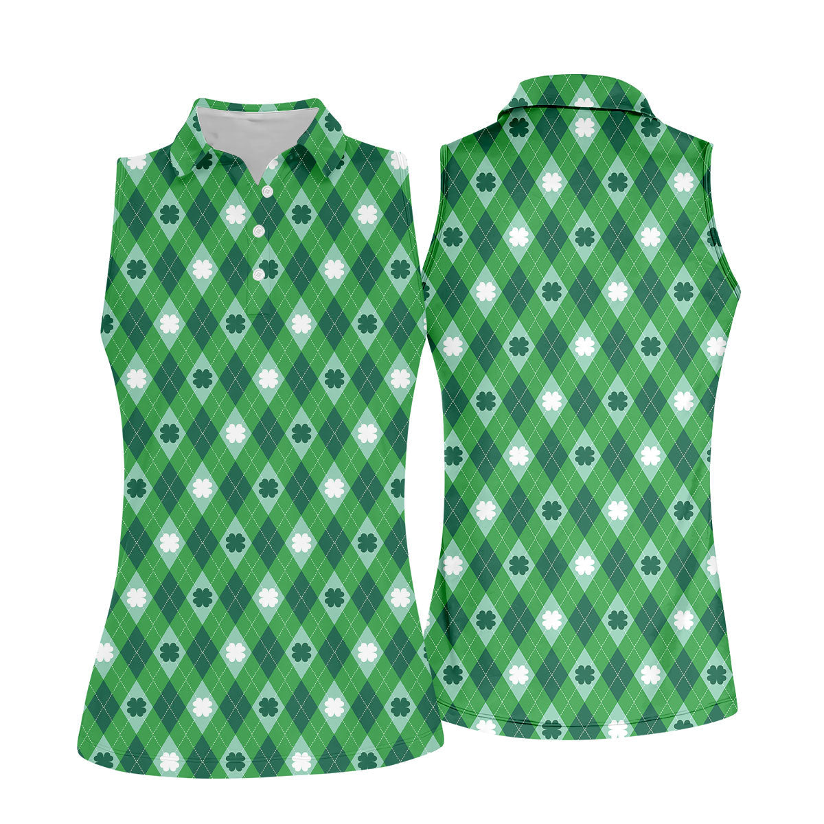Green And White Lucky Four Leaf Clover Argyle Pattern St Patrick's Day Golf Shirt, Women's Golf Tops
