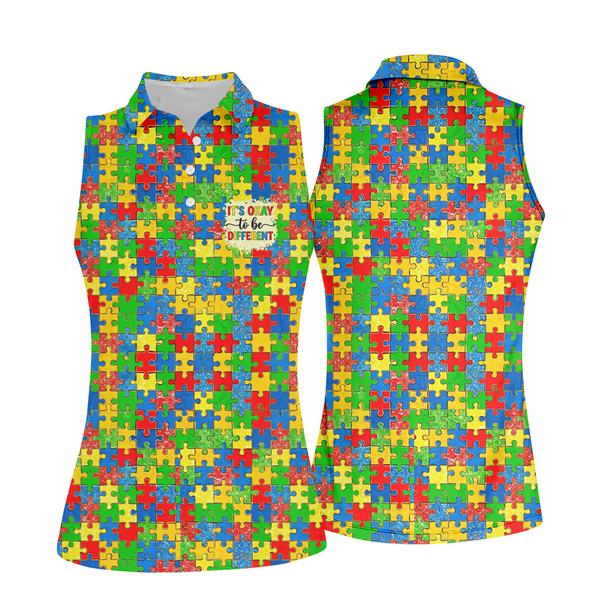 It's Okay To Be Different Colorful Puzzle Pattern Autism Awareness Golf Shirt For Women, Ladies Golf Polos