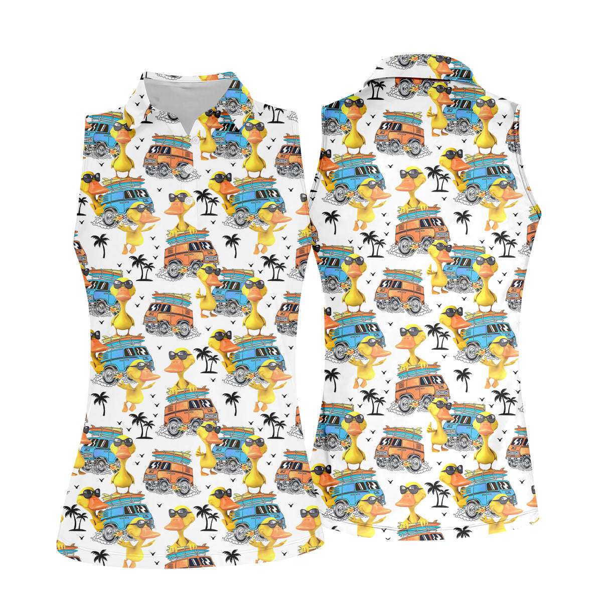 Cool Duck Surf Van Beach Golf Shirt, Women’s Golf Polo, Ladies Golf Tops, Printed Golf Shirt