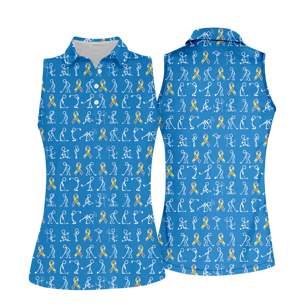 Stick Figure Golf Pose Autism Ribbon Blue Golf Shirt, Autism Awareness Colors Ladies Golf Polos