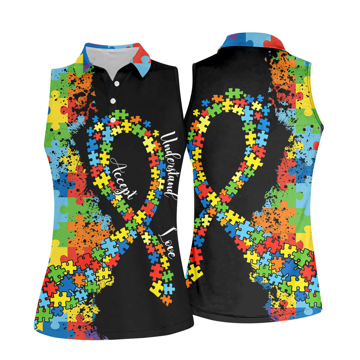 Accept Love Understand Autism Awareness Colors Autism Ribbon Women's Golf Tops, Ladies Golf Polos