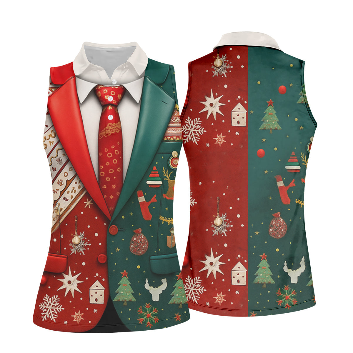Red And Green Xmas Vintage Prints Women Golf Top, Christmas Golf Shirt, Ladies Golf Tops