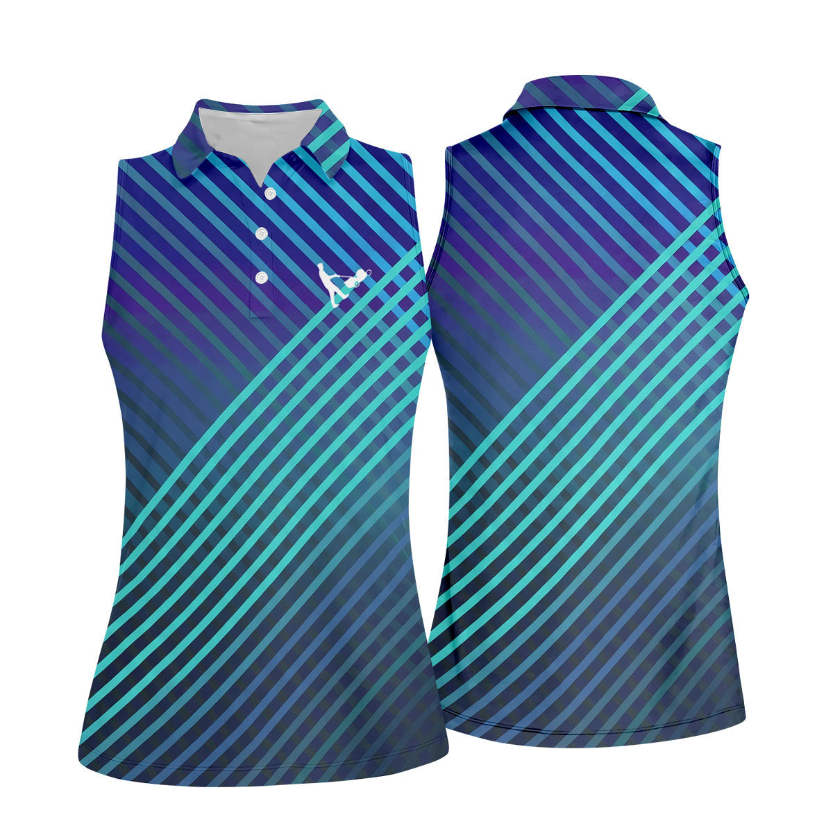 Teal And Purple Striped Pattern Women's Golf Tops, Performance Golf Shirt, Ladies Golf Shirts