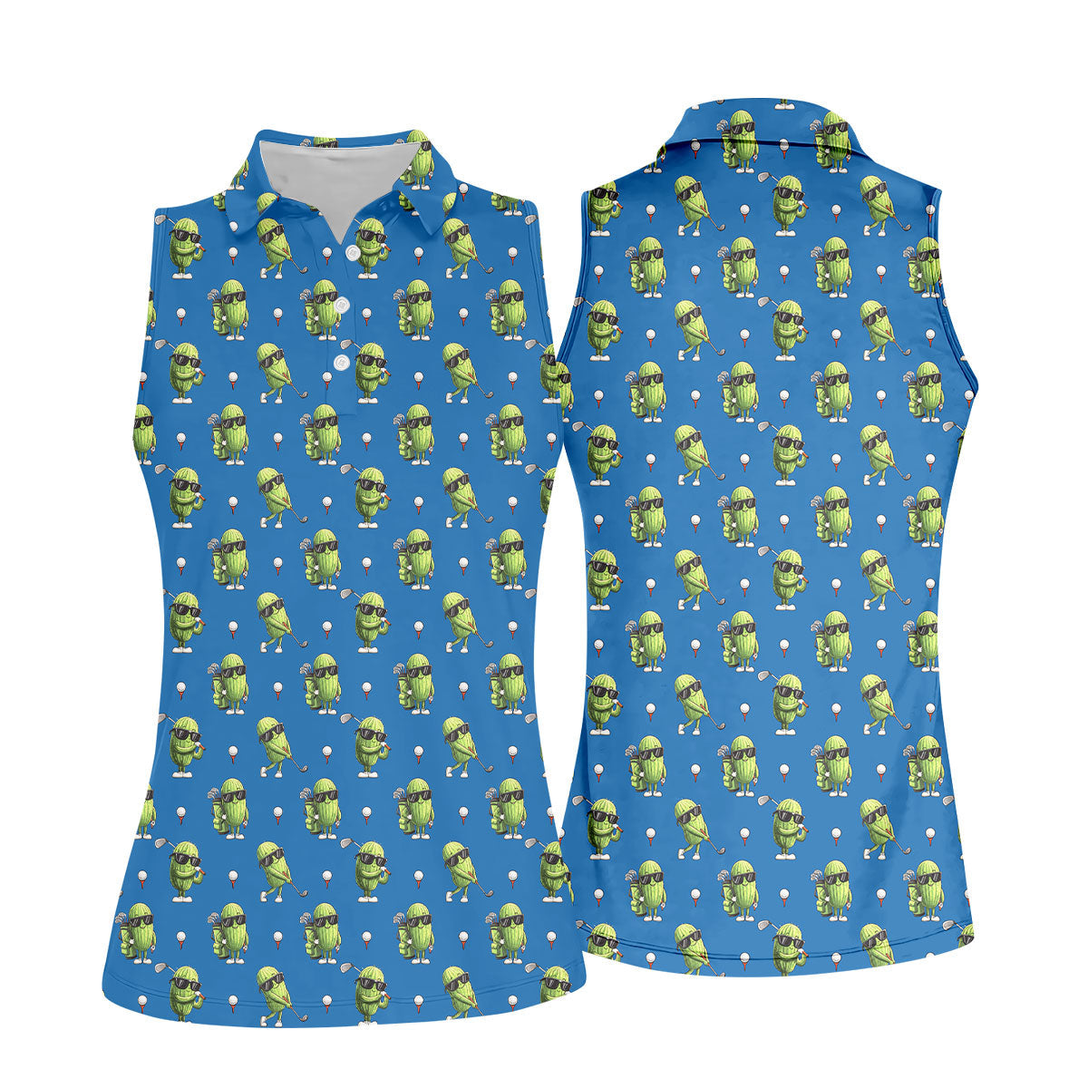 Cartoon Cactus Golfer Blue Golf Shirt, Women’s Golf Polo, Golf Tops For Women, Printed Golf Shirt