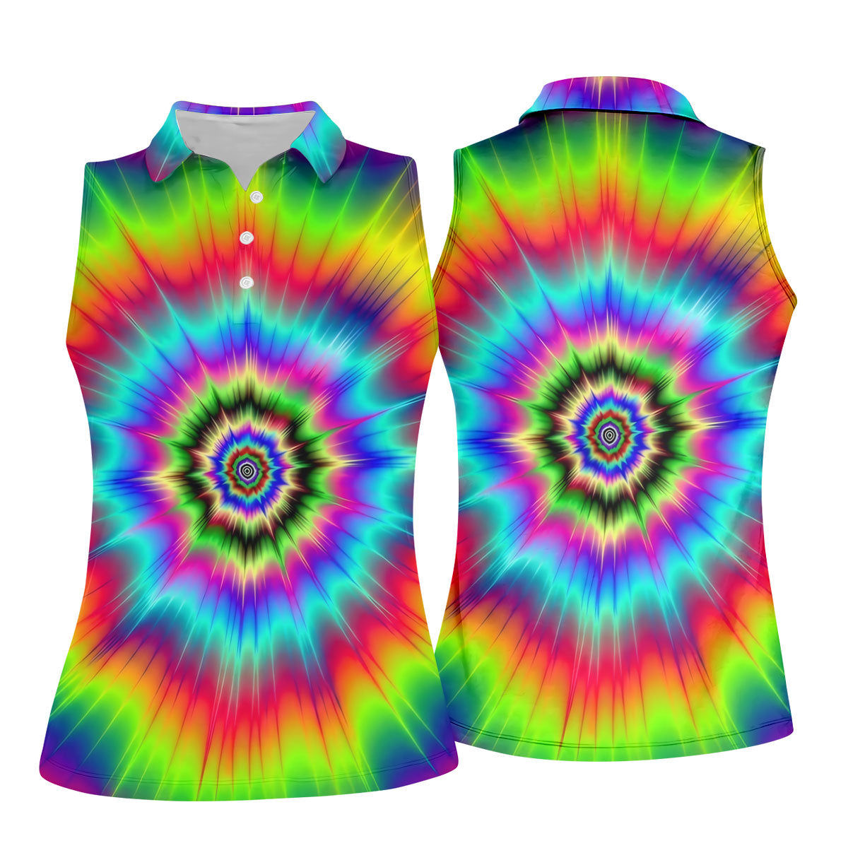 Rainbow Tie Dye Golf Shirt, Psychedelic Spiral Burst Pattern, Golf Shirt For Women