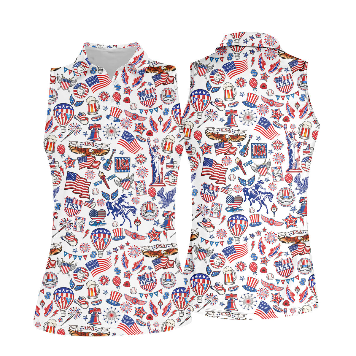 250 Celebration US Flag Pattern Ladies Golf Tops, Patriotic 4th Of July Golf Shirt For Women