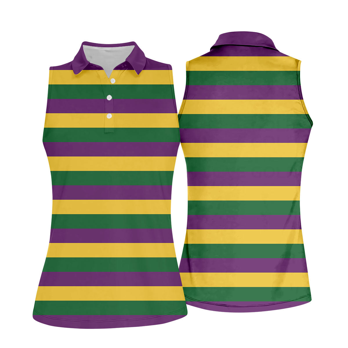Gold Purple Green Mardi Gras Stripe Pattern Women Golf Top, Festive Ladies Golf Tops, Ladies Golf Shirts