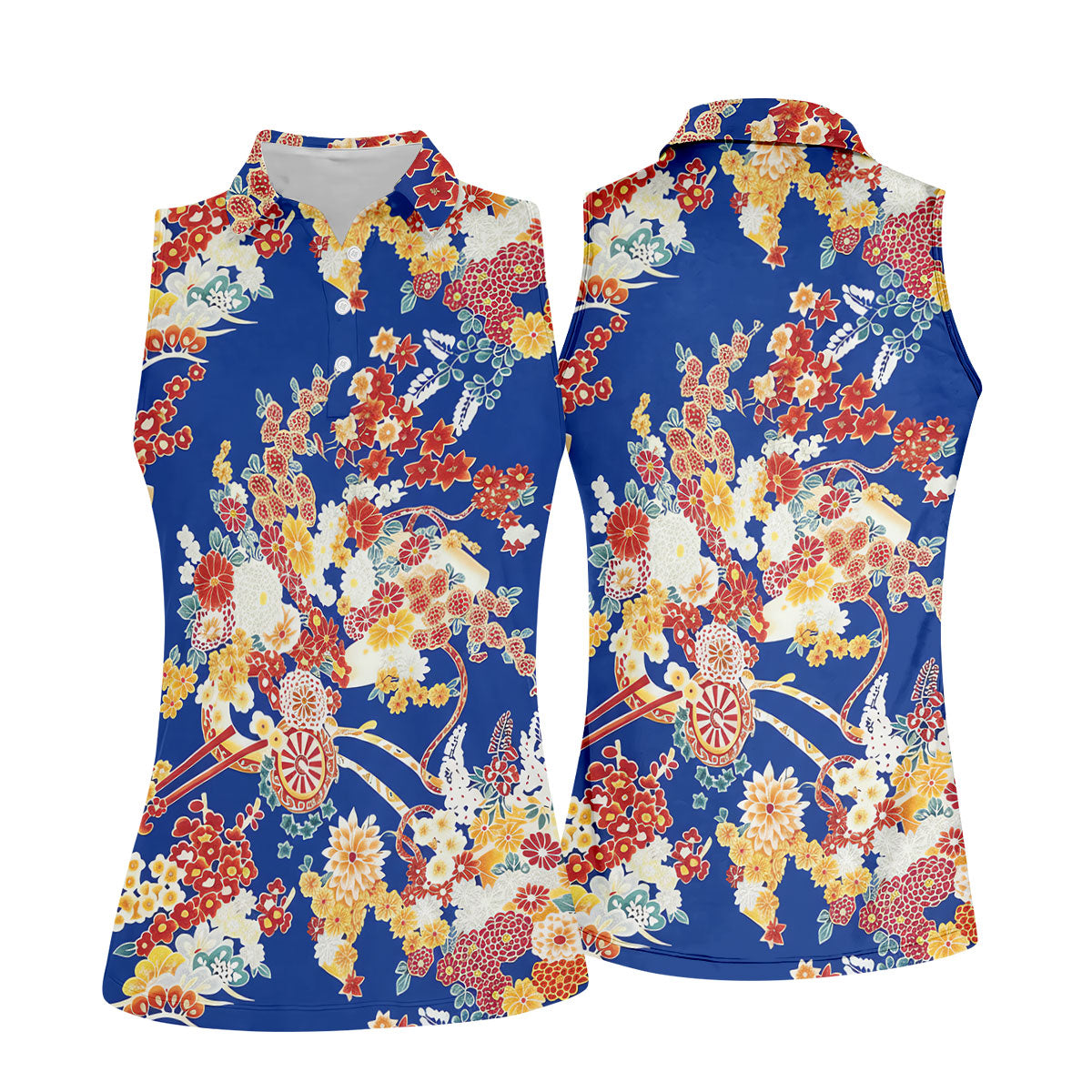 Royal Blue Japanese Floral Pattern Golf Shirt, Women’s Golf Polo, Ladies Golf Tops