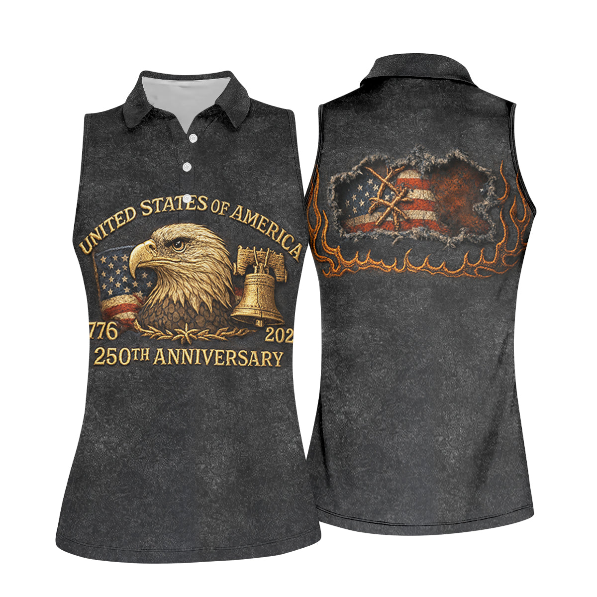 Bald Eagle American Flag 250th Anniversary Dark Grey Color Women's Golf Tops, Ladies Golf Shirts