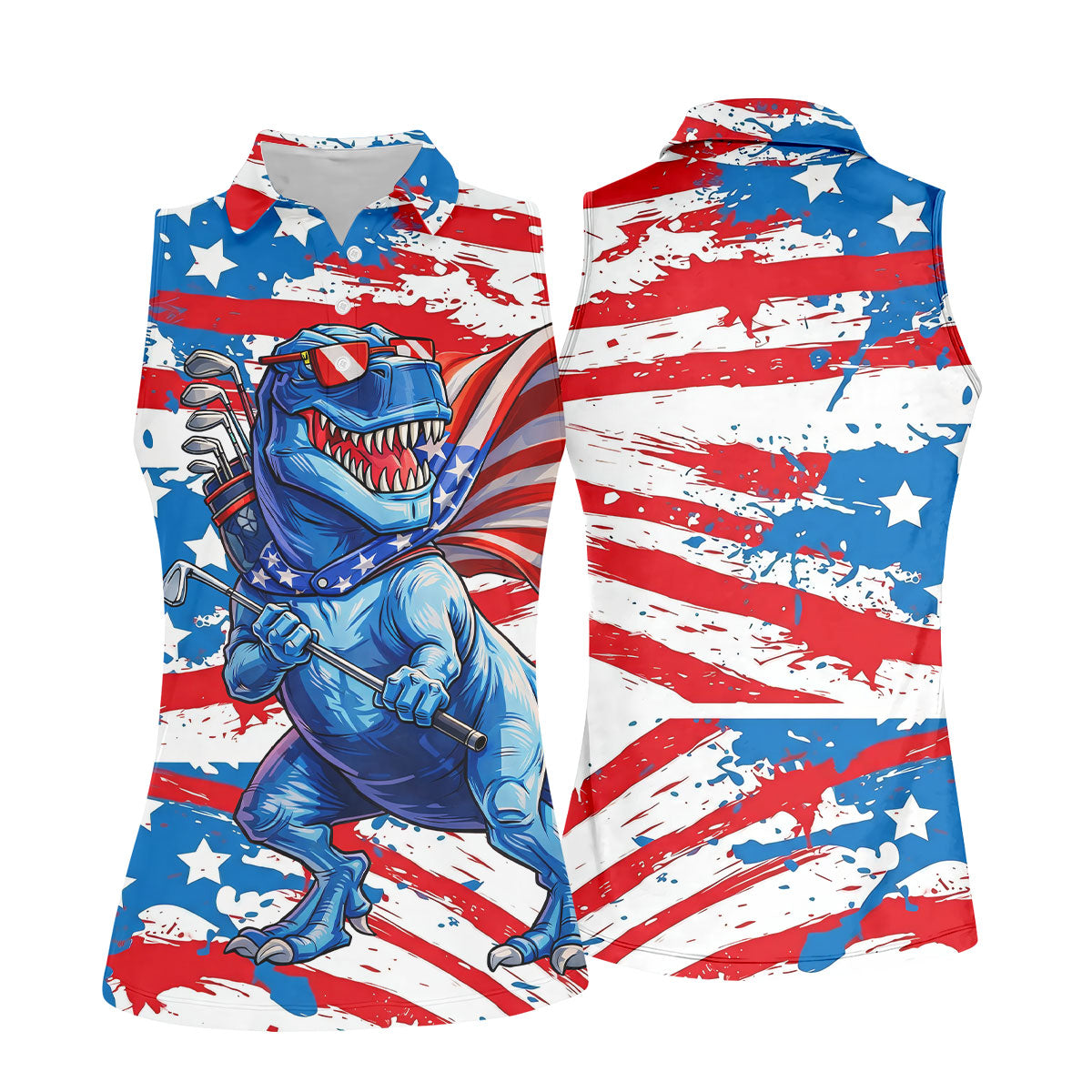 Funny Dinosaur USA Flag Print 250 Years Anniversary Golf Shirt For Women, 4th Of July Patriotic Golf Shirt
