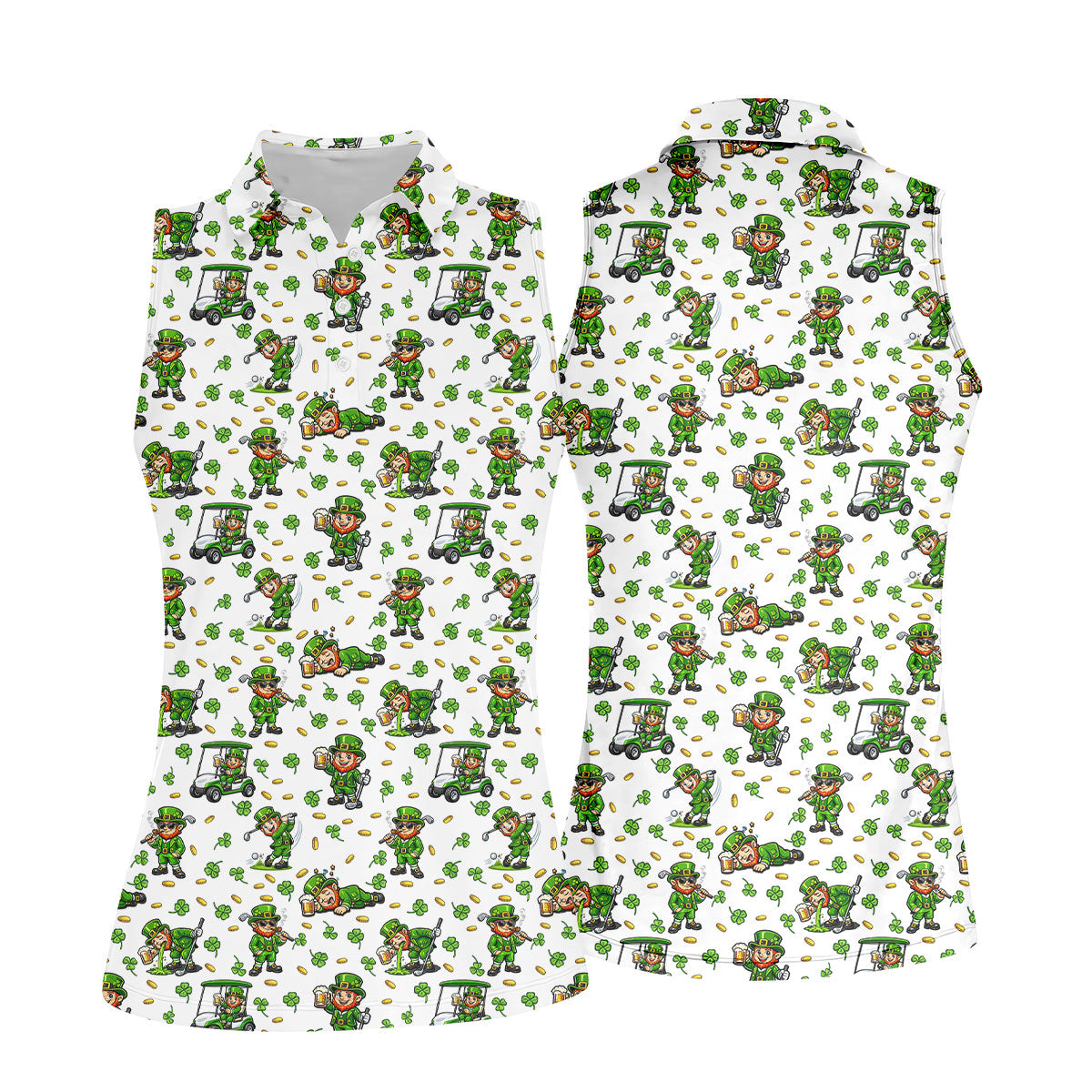 Funny Leprechaun Golf And Beer Green Shamrocks St Patrick's Day Golf Shirt, Women's Golf Shirts, Ladies Golf Polos