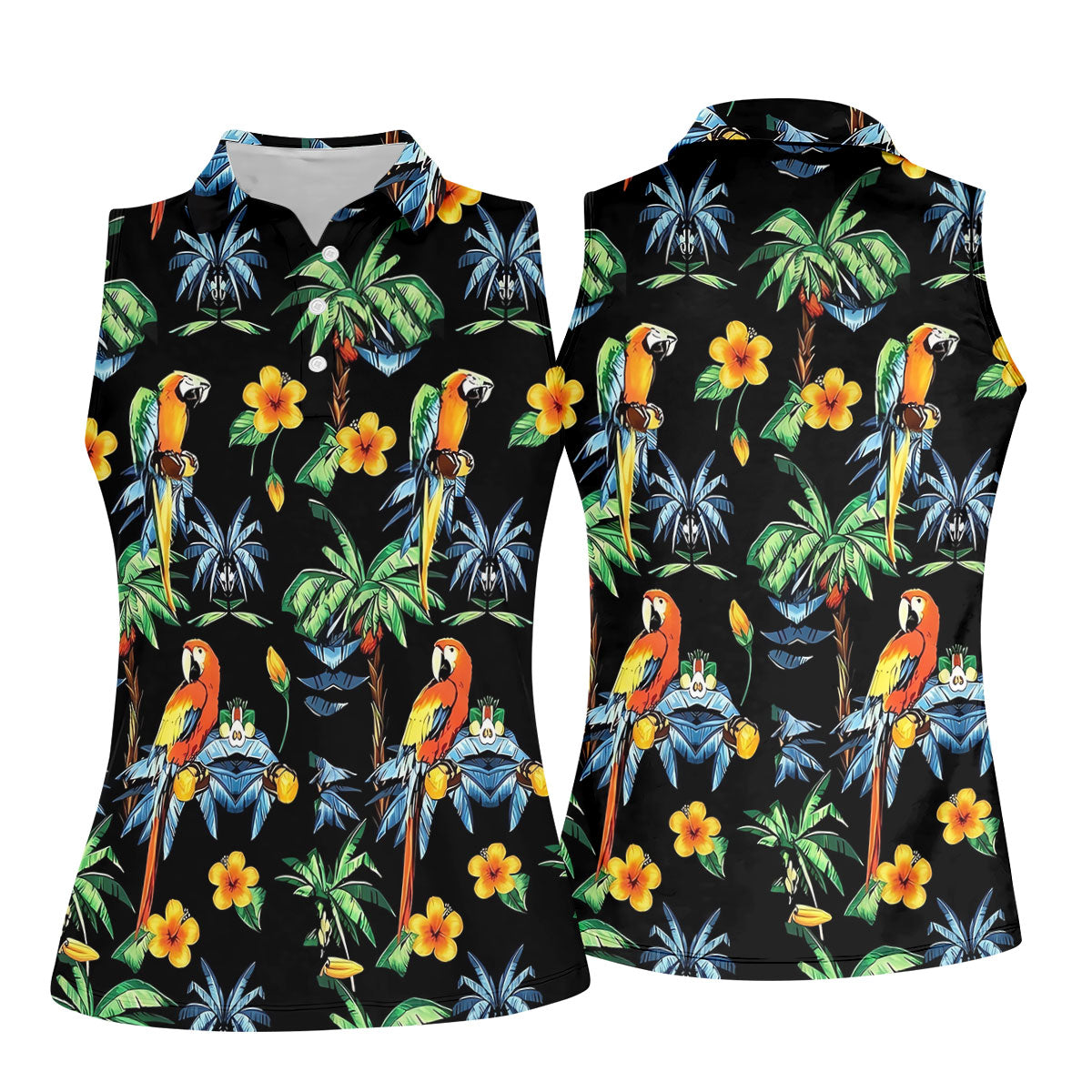 Black Tropical Parrot Palm Flower Pattern Golf Shirt, Women’s Golf Polo, Ladies Golf Shirts, Golf Tops For Women