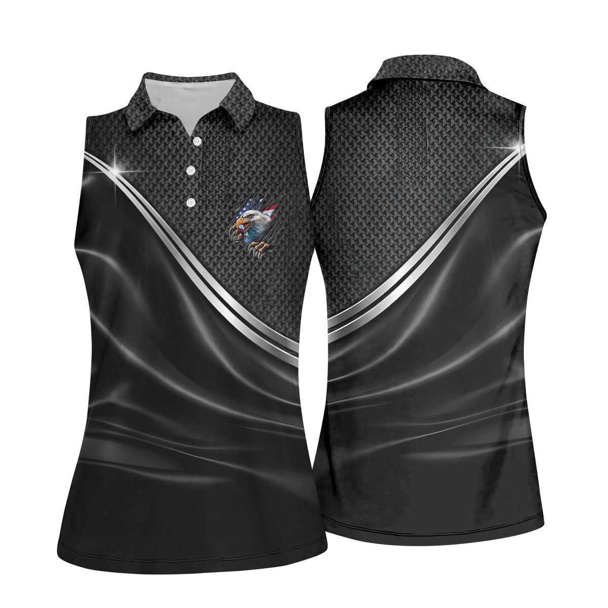 US Bald Eagle Flag Ripped Effect Patriotic Black Golf Shirt, 250 Years 4th Of July Golf Shirt For Women
