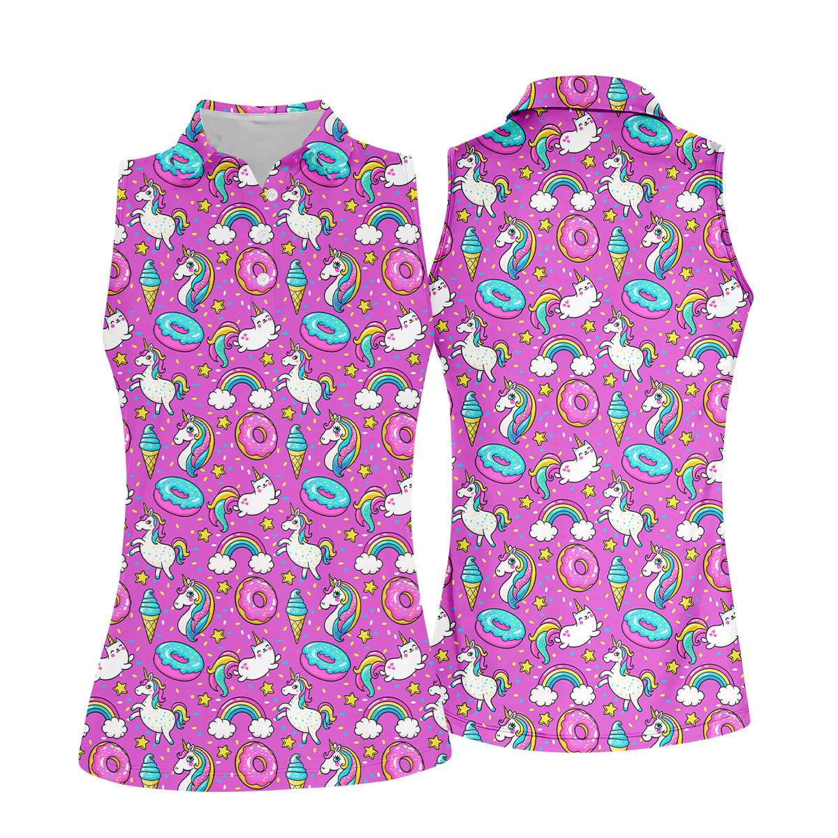 Funny Pink Donut Unicorn Women Golf Shirts, Ladies Golf Shirt, Women Sleeveless Polo Shirt