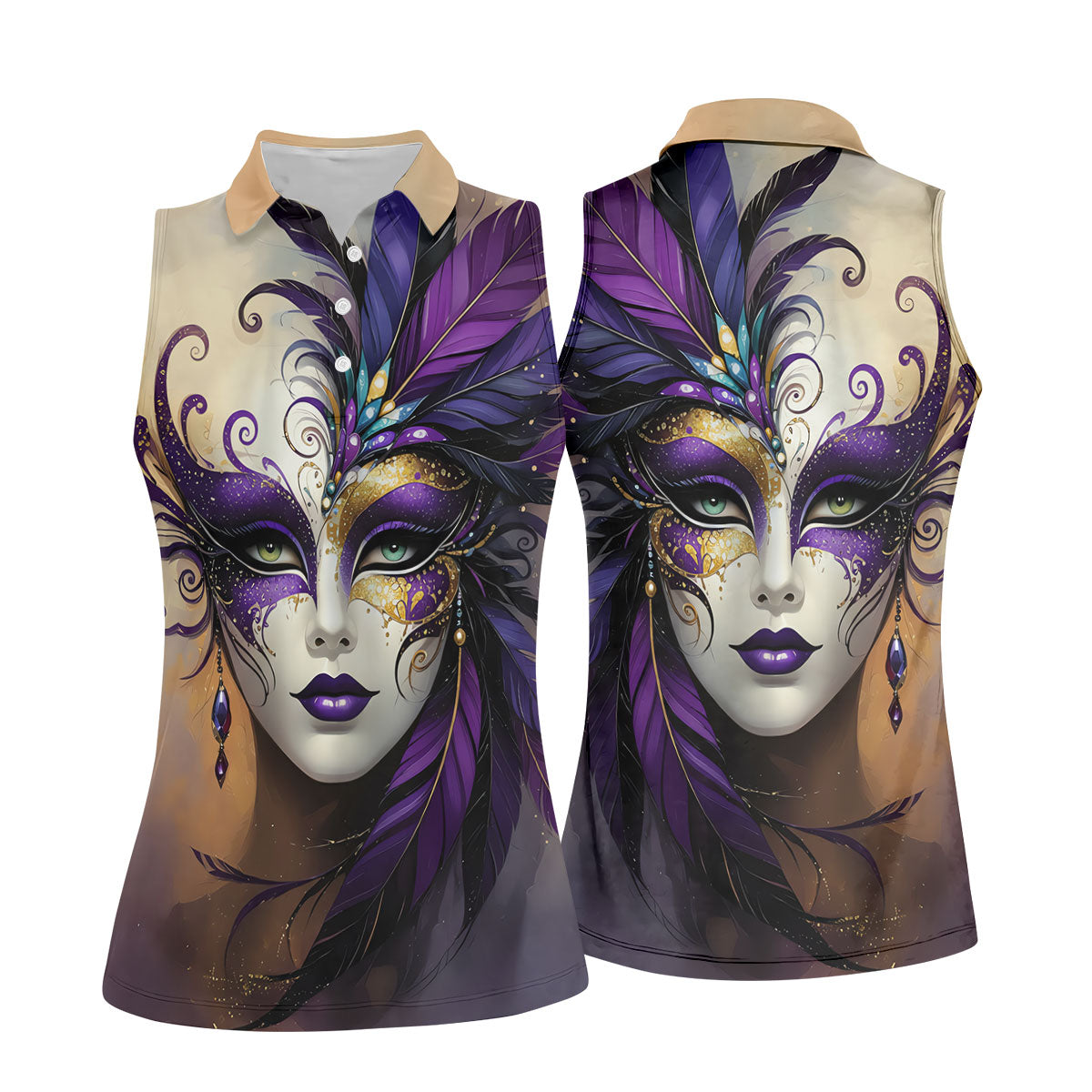 Feather Mask Mardi Gras Golf Shirt, Purple And Beige Women's Golf Tops, Ladies Golf Shirt