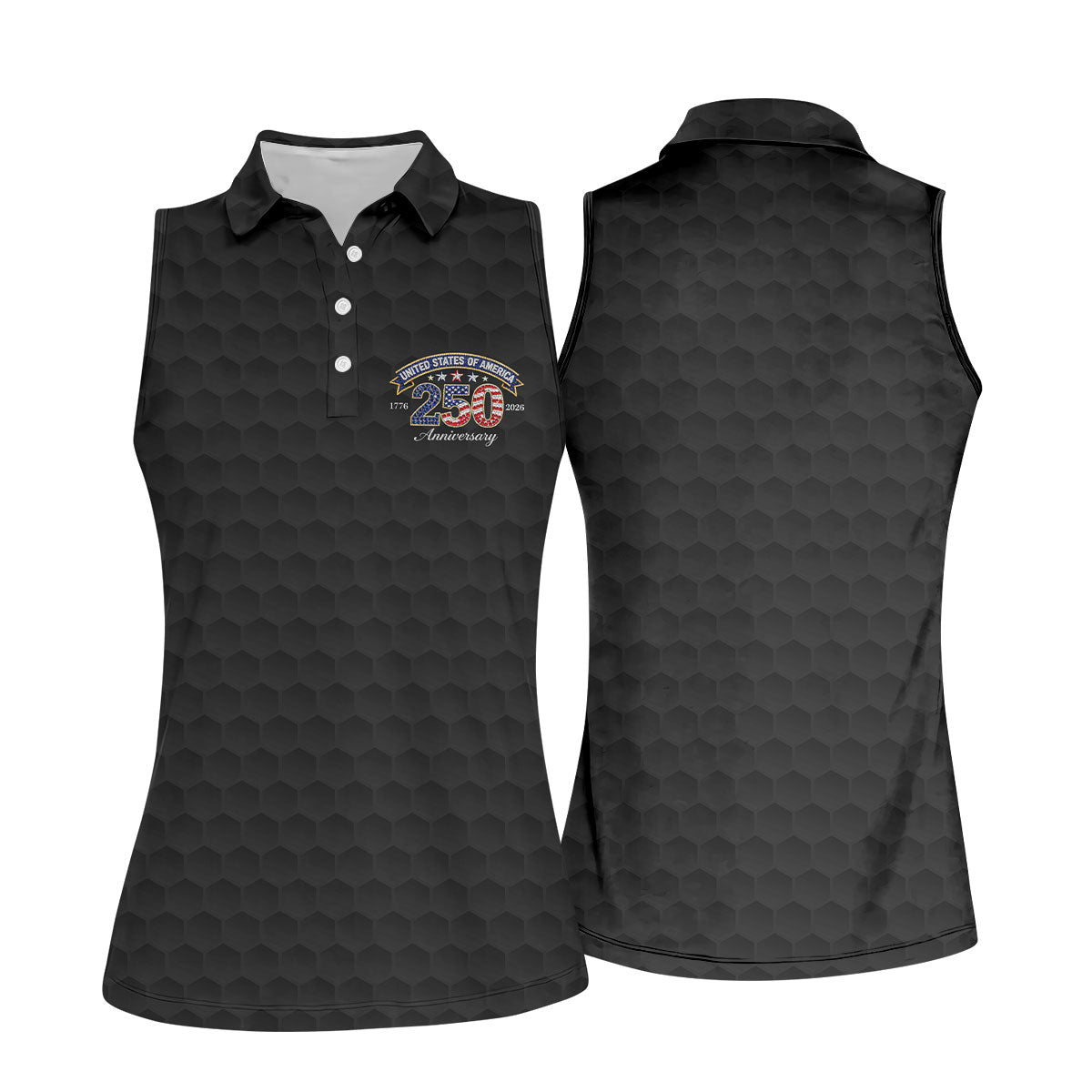 250th Anniversary Golf Ball Pattern Black Golf Shirt, Patriotic 4th Of July Golf Shirt, Golf Shirt For Women