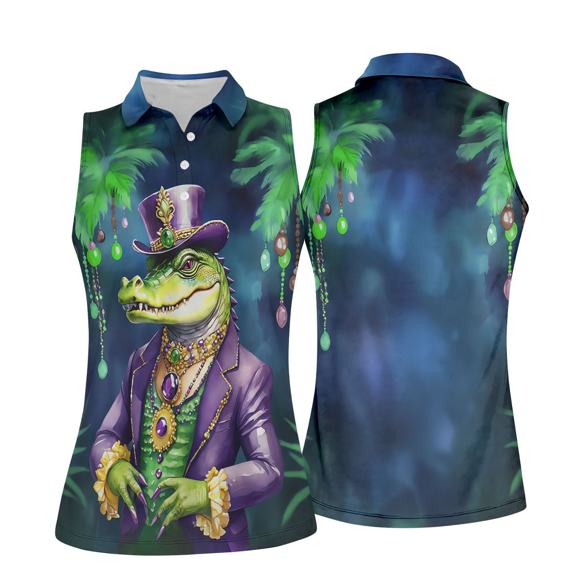 Mardi Gras Alligator Navy Golf Shirt, Fun Women's Golf Shirts, Women's Golf Tops, Ladies Golf Polos